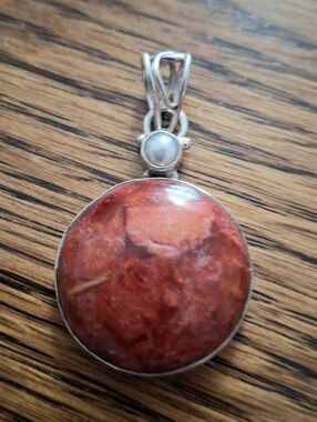 Pendant Red Coral Natural Stone With Sterling Silver
